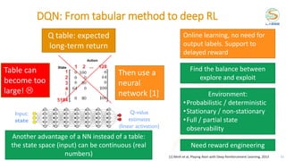 DQN: From tabular method to deep RL
30
Input:
state
Q-value
estimates
(linear activation)
Another advantage of a NN instead of a table:
the state space (input) can be continuous (real
numbers) [1] Mnih et al, Playing Atari with Deep Reinforcement Learning, 2013
Q table: expected
long-term return
Table can
become too
large! 
Then use a
neural
network [1]
Online learning, no need for
output labels. Support to
delayed reward
Find the balance between
explore and exploit
Environment:
•Probabilistic / deterministic
•Stationary / non-stationary
•Full / partial state
observability
Need reward engineering
 