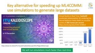 Key alternative for speeding up ML4COMM:
use simulations to generate large datasets
8
https://www.itu.int/en/ITU-T/academia/kaleidoscope/2021/Pages/default.aspx
Virtual Reality in Real Time: FastNeRF
accelerates photorealistic 3D rendering via
Neural Radiance Fields (NeRF) to visualize
scenes at 200 frames per second
https://arxiv.org/abs/2103.10380v2
We will run simulations much faster than real-time
 