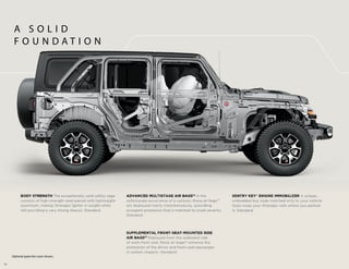 Page
18
19
A S O L I D
F O U N D A T I O N
SENTRY KEY®
ENGINE IMMOBILIZER A unique,
embedded key code matched only to your vehicle
helps keep your Wrangler safe where you parked
it. Standard.
ADVANCED MULTISTAGE AIR BAGS10
In the
unfortunate occurrence of a collision, these air bags10
are deployed nearly instantaneously, providing
occupant protection that is matched to crash severity.
Active vents exhaust air bags10
at appropriate rates,
depending on impact. Standard.
SUPPLEMENTAL FRONT-SEAT-MOUNTED SIDE
AIR BAGS10
Deployed from the outboard side
of each front seat, these air bags10
enhance the
protection of the driver and front-seat passenger
in certain impacts. Standard.
BODY STRENGTH The exceptionally solid safety cage
consists of high-strength steel paired with lightweight
aluminium, making Wrangler lighter in weight while
still providing a very strong chassis. Standard.
Optional spare tire cover shown.
 