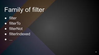 Family of filter
● filter
● filterTo
● filterNot
● filterIndexed
● ...
28
 
