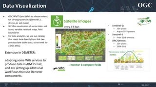 OGC
ogc.org |
Data Visualization
● OGC WMTS (and WMS to a lesser extent)
for serving raster data (Sentinel-2,
drones, or soil maps)
● WFS for visualization of vector data: soil
scans, variable rate task maps, field
boundaries
● For data analytics, we use our catalog
that reads data directly from disk (we
process close to the data, so no need for
a OGC WCS)
Extension in DEMETER:
adapting some WIG services to
produce data in AIM format,
and are setting up additional
workflows that use Demeter
components.
 