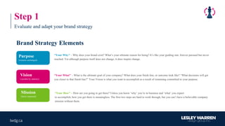Brand Strategy Elements
“Your Why" – Why does your brand exist? What’s your ultimate reason for being? It’s like your guiding star, forever pursued but never
reached. Yet although purpose itself does not change; it does inspire change.
“Your How" – How are you going to get there? Unless you know ‘why’ you’re in business and ‘what’ you expect
to accomplish, how you get there is meaningless. The first two steps are hard to work through, but you can’t have a believable company
mission without them.
“Your What" – What is the ultimate goal of your company? What does your finish line, or outcome look like? “What decisions will get
you closer to that finish line?” Your Vision is what you want to accomplish as a result of remaining committed to your purpose.
Purpose
(remains unchanged)
Vision
(variable by industry)
Mission
(likely impacted)
Step 1
Evaluate and adapt your brand strategy
 