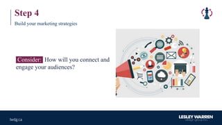 Step 4
Build your marketing strategies
Consider: How will you connect and
engage your audiences?
 
