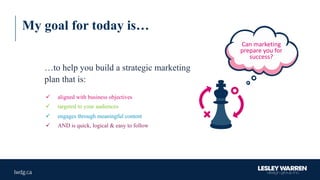 My goal for today is…
ü aligned with business objectives
ü targeted to your audiences
ü engages through meaningful content
ü AND is quick, logical & easy to follow
…to help you build a strategic marketing
plan that is:
Can	marketing	
prepare	you	for	
success?
 