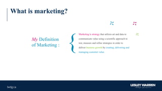 My Definition
of Marketing :
Marketing is strategy that utilizes art and data to
communicate value using a scientific approach to
test, measure and refine strategies in order to
deliver business growth by creating, delivering and
managing customer value.
What is marketing?
{
 