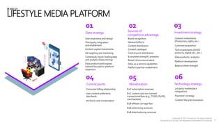 User experience and design
Third party integration
and enablement
Content capital investments
Ad targeting and marketing
Contextual, future-looking data
and analytics (Data mining)
Data products and engines
tailored focused on platform
expansion
Brand recognition
Network effects
Content distribution
Content catalogue
Control point distribution
Ecosystem strength / presence
Retail / eCommerce talent
Data-as-a-service capabilities
Platform partner enablement
Content investments
(Production, rights, etc.)
Customer acquisition
Tech investments (SVOD
products, digital adv., etc.)
Data products / analytics
Platform development
Balance sheet strength
Consumer billing relationship
User content preference
data feeds
Ad blocks and monetization
B2C subscription revenues
B2C content and non-content
transactional fees (e.g., TVOD, PVOD,
merchandise)
B2B affiliate carriage fees
B2B advertising revenues
B2B data brokering revenues
3rd party marketplace
integrations
Payment's strategy
Content lifecycle innovation
PHASE03:
LIFESTYLE MEDIA PLATFORM
Data strategy
01 02
Investment strategy
03
Control points
04
Monetization
05
Technology strategy
06
Sources of
competitive advantage
10
 