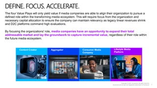 DEFINE. FOCUS. ACCELERATE.
The four Value Plays will only yield value if media companies are able to align their organization to pursue a
defined role within the transforming media ecosystem. This will require focus from the organization and
necessary capital allocation to ensure the company can maintain relevancy as legacy linear revenues shrink
and D2C platforms command high evaluations.
By focusing the organizations' role, media companies have an opportunity to expand their total
addressable market and lay the groundwork to capture incremental value, regardless of their role within
the future media ecosystem.
Content Creator Lifestyle Media
Platform
Consumer Media
Company
Aggregator
5
 