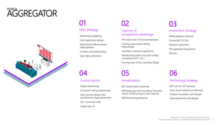 04
02 03
Data Strategy
Advertising targeting
User experience design​
Operational effectiveness/
improvement​
Content service/bundling
User data collections
HH reach and in-home penetration
Existing subscription billing
relationship
Seamless customer experience
Relationships with consumer media
companies (OTT, etc.)
Existing view of the customer (Data)
Media boxes or devices
Connected TV OSs
Network expansion
HH expansion/acquisition
Devices
Digital advertising
Consumer billing relationship
User journey design and
prioritization (App placement)
Ad / consumer data
Single sign on.
B2C Subscription revenues
B2B Revenues from bundling Channels
and/or SVOD products with Internet
B2B Advertising Revenue
API hub for OTT services
Lean cloud network architecture
Product innovation and design
User experience and design
PHASE01:
AGGREGATOR
01
Sources of
competitive advantage
Investment strategy
Control points Monetization
05
Technology strategy
06
8
 