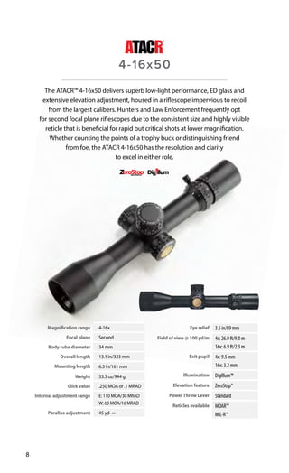 Magnification range 4-16x
Focal plane Second
Body tube diameter 34 mm
Overall length 13.1 in/333 mm
Mounting length 6.3 in/161 mm
Weight 33.3 oz/944 g
Click value .250 MOA or .1 MRAD
Internal adjustment range E: 110 MOA/30 MRAD
W: 60 MOA/16 MRAD
Parallax adjustment 45 yd–∞
Eye relief 3.5 in/89 mm
Field of view @ 100 yd/m 4x: 26.9 ft/9.0 m
16x: 6.9 ft/2.3 m
Exit pupil 4x: 9.5 mm
16x: 3.2 mm
Illumination DigIllum™
Elevation feature ZeroStop®
PowerThrow Lever Standard
Reticles available MOAR™
MIL-R™
8
The ATACR™ 4-16x50 delivers superb low-light performance, ED glass and
extensive elevation adjustment, housed in a riflescope impervious to recoil
from the largest calibers. Hunters and Law Enforcement frequently opt
for second focal plane riflescopes due to the consistent size and highly visible
reticle that is beneficial for rapid but critical shots at lower magnification.
Whether counting the points of a trophy buck or distinguishing friend
from foe, the ATACR 4-16x50 has the resolution and clarity
to excel in either role.
4-16x50
 