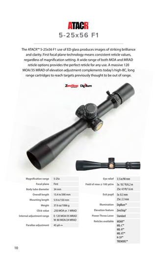 Magnification range 5-25x
Focal plane First
Body tube diameter 34 mm
Overall length 15.4 in/390 mm
Mounting length 5.9 in/150 mm
Weight 37.6 oz/1066 g
Click value .250 MOA or .1 MRAD
Internal adjustment range E: 120 MOA/35 MRAD
W: 80 MOA/24 MRAD
Parallax adjustment 45 yd–∞
Eye relief 3.5 in/90 mm
Field of view @ 100 yd/m 5x: 18.7 ft/6.2 m
25x: 4.9 ft/1.6 m
Exit pupil 5x: 8.3 mm
25x: 2.3 mm
Illumination DigIllum™
Elevation feature ZeroStop®
PowerThrow Lever Standard
Reticles available MOAR™
MIL-C™
MIL-R™
MIL-XT™
H-59™
TREMOR3™
The ATACR™ 5-25x56 F1 use of ED glass produces images of striking brilliance
and clarity. First focal plane technology means consistent reticle values,
regardless of magnification setting. A wide range of both MOA and MRAD
reticle options provides the perfect reticle for any use. A massive 120
MOA/35 MRAD of elevation adjustment complements today’s high-BC, long
range cartridges to reach targets previously thought to be out of range.
5-25x56 F1
10
 