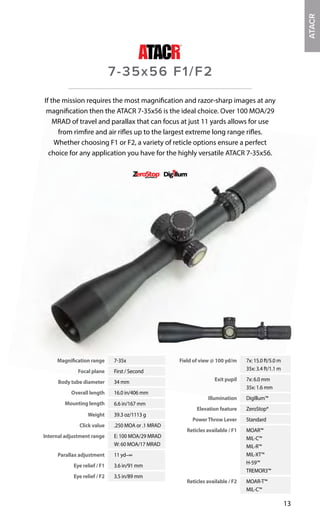 Magnification range 7-35x
Focal plane First / Second
Body tube diameter 34 mm
Overall length 16.0 in/406 mm
Mounting length 6.6 in/167 mm
Weight 39.3 oz/1113 g
Click value .250 MOA or .1 MRAD
Internal adjustment range E: 100 MOA/29 MRAD
W: 60 MOA/17 MRAD
Parallax adjustment 11 yd–∞
Eye relief / F1 3.6 in/91 mm
Eye relief / F2 3.5 in/89 mm
Field of view @ 100 yd/m 7x: 15.0 ft/5.0 m
35x: 3.4 ft/1.1 m
Exit pupil 7x: 6.0 mm
35x: 1.6 mm
Illumination DigIllum™
Elevation feature ZeroStop®
PowerThrow Lever Standard
Reticles available / F1 MOAR™
MIL-C™
MIL-R™
MIL-XT™
H-59™
TREMOR3™
Reticles available / F2 MOAR-T™
MIL-C™
13
If the mission requires the most magnification and razor-sharp images at any
magnification then the ATACR 7-35x56 is the ideal choice. Over 100 MOA/29
MRAD of travel and parallax that can focus at just 11 yards allows for use
from rimfire and air rifles up to the largest extreme long range rifles.
Whether choosing F1 or F2, a variety of reticle options ensure a perfect
choice for any application you have for the highly versatile ATACR 7-35x56.
7-35x56 F1/F2
ATACR
 