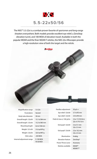 Magnification range 5.5-22x
Focal plane Second
Body tube diameter 30 mm
Overall length / 22x50 15.1 in/384 mm
Overall length / 22x56 15.2 in/385 mm
Mounting length 6.6 in/168 mm
Weight / 22 x50 31.0 oz/879 g
Weight / 22x56 32.0 oz/907 g
Click value .250 MOA
Internal adjustment range E: 100 MOA
W: 60 MOA
Parallax adjustment 50 yd–∞
Eye relief / 22x50 3.7 in/95 mm
Eye relief / 22x56 3.9 in/99 mm
Field of view @ 100 yd/m 5.5x: 17.5 ft/5.8 m
22x: 4.7 ft/1.6 m
Exit pupil / 22x50 5.5x: 9.1 mm
22x: 2.3 mm
Exit pupil / 22x56 5.5x: 10.2 mm
22x: 2.5 mm
Illumination Analog
Elevation feature ZeroStop®
PowerThrow Lever Accessory
Reticles available MOAR™
MOAR-T™
26
The NXS™ 5.5-22x is a combat-proven favorite of sportsmen and long-range
shooters everywhere. Both models provide excellent eye relief, a ZeroStop
elevation turret, and 100 MOA of elevation travel. Available in both the
popular MOAR and the finer MOAR-T reticles, the NXS 22x riflescopes provide
a high-resolution view of both the target and the reticle.
5.5-22x50/56
 