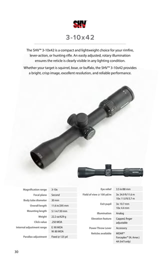 Magnification range 3-10x
Focal plane Second
Body tube diameter 30 mm
Overall length 11.6 in/295 mm
Mounting length 5.1 in/130 mm
Weight 22.2 oz/629 g
Click value .250 MOA
Internal adjustment range E: 90 MOA
W: 80 MOA
Parallax adjustment Fixed @ 125 yd
Eye relief 3.5 in/88 mm
Field of view @ 100 yd/m 3x: 34.9 ft/11.6 m
10x: 11.0 ft/3.7 m
Exit pupil 3x: 10.7 mm
10x: 4.4 mm
Illumination Analog
Elevation feature Capped, finger
adjustable
PowerThrow Lever Accessory
Reticles available MOAR™
Forceplex™ (N. Amer.)
4A (Int’l only)
30
The SHV™ 3-10x42 is a compact and lightweight choice for your rimfire,
lever-action, or hunting rifle. An easily adjusted, rotary illumination
ensures the reticle is clearly visible in any lighting condition.
Whether your target is squirrel, boar, or buffalo, the SHV™ 3-10x42 provides
a bright, crisp image, excellent resolution, and reliable performance.
3-10x42
SHOOTERHUNTERVARMINTER
 
