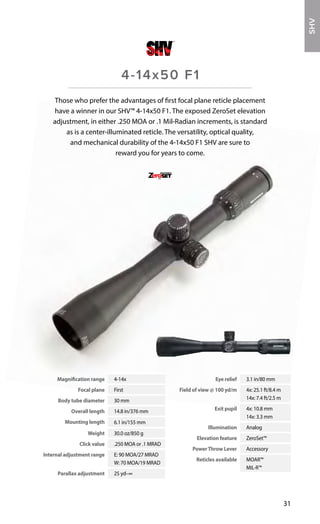 Magnification range 4-14x
Focal plane First
Body tube diameter 30 mm
Overall length 14.8 in/376 mm
Mounting length 6.1 in/155 mm
Weight 30.0 oz/850 g
Click value .250 MOA or .1 MRAD
Internal adjustment range E: 90 MOA/27 MRAD
W: 70 MOA/19 MRAD
Parallax adjustment 25 yd–∞
Eye relief 3.1 in/80 mm
Field of view @ 100 yd/m 4x: 25.1 ft/8.4 m
14x: 7.4 ft/2.5 m
Exit pupil 4x: 10.8 mm
14x: 3.3 mm
Illumination Analog
Elevation feature ZeroSet™
PowerThrow Lever Accessory
Reticles available MOAR™
MIL-R™
31
Those who prefer the advantages of first focal plane reticle placement
have a winner in our SHV™ 4-14x50 F1. The exposed ZeroSet elevation
adjustment, in either .250 MOA or .1 Mil-Radian increments, is standard
as is a center-illuminated reticle. The versatility, optical quality,
and mechanical durability of the 4-14x50 F1 SHV are sure to
reward you for years to come.
4-14x50 F1
SHOOTERHUNTERVARMINTER
SHV
 