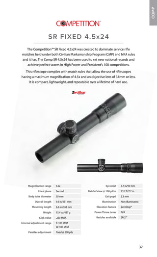 Magnification range 4.5x
Focal plane Second
Body tube diameter 30 mm
Overall length 9.9 in/251 mm
Mounting length 6.6 in /168 mm
Weight 15.4 oz/437 g
Click value .250 MOA
Internal adjustment range E: 100 MOA
W: 100 MOA
Parallax adjustment Fixed @ 200 yds
Eye relief 3.7 in/95 mm
Field of view @ 100 yd/m 23.2 ft/7.7 m
Exit pupil 5.3 mm
Illumination Non-illuminated
Elevation feature ZeroStop®
PowerThrow Lever N/A
Reticles available SR-2™
37
The Competition™ SR Fixed 4.5x24 was created to dominate service rifle
matches held under both Civilian Marksmanship Program (CMP) and NRA rules
and it has. The Comp SR 4.5x24 has been used to set new national records and
achieve perfect scores in High Power and President’s 100 competitions.
This riflescope complies with match rules that allow the use of riflescopes
having a maximum magnification of 4.5x and an objective lens of 34mm or less.
It is compact, lightweight, and repeatable over a lifetime of hard use.
SR FIXED 4.5x24
COMP
 