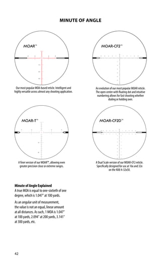 4-32x50F2
MOA-C2F2 (R257)
10
20
MOA-C2F2 R257
10 20
10
(16x)
5 2.5
10
(32x)
5
2.5 5
5 15
7.5 10
7.5
25
12.5
25
12.5
5 2.5
15 7.5
20 10
25 12.5
30 15
5
15
35 17.5
40 20
10
20 10 20
20
10
MOA-CF2 R255
5 15
5
15
5
15
25
25 25
30
35
2.5-20x50F2
MOA-CF2 (R255)
MOAR™
Our most popular MOA-based reticle. Intelligent and
highly versatile across almost any shooting application.
MOAR-CF2™
An evolution of our most popular MOAR reticle.
The open center with floating dot and intuitive
numbering allows for fast shooting whether
dialing or holding over.
MOAR-T™
A finer version of our MOAR™, allowing even
greater precision close or extreme ranges.
MOAR-CF2D™
A Dual Scale version of our MOAR-CF2 reticle.
Specifically designed for use at 16x and 32x
on the NX8 4-32x50.
Minute of Angle Explained
A true MOA is equal to one-sixtieth of one
degree, which is 1.047" at 100 yards.
As an angular unit of measurement,
the value is not an equal, linear amount
at all distances. As such, 1 MOA is 1.047"
at 100 yards, 2.094" at 200 yards, 3.141"
at 300 yards, etc.
42
MINUTE OF ANGLE
 