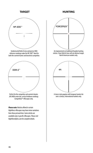 TARGET
46
FC-MOA
Perfect for the competitor and varmint shooter.
.095 MOA center dot, vertical holdover markings.
Competition™ riflescopes only.
DDR-2™
NP-2DD™
Unobstructed field of view and precise MOA
reference markings make the NP-2DD™ ideal for
both the varmint hunter and benchrest competitor.
Pleasenote: Reticlesofferedincertain
Nightforceriflescopesmayhaveminorvariations
fromthosepicturedhere.Somereticlesare
availableonlyinspecificriflescopes.Pleasevisit
NightforceOptics.comforcompletedetails.
FORCEPLEX™
An improvement on traditional fourplex hunting
reticles. Clean field of view will not obstruct target.
North American markets only.
4A
A classic style popular with European hunters for
over a century. International markets only.
HUNTING
 