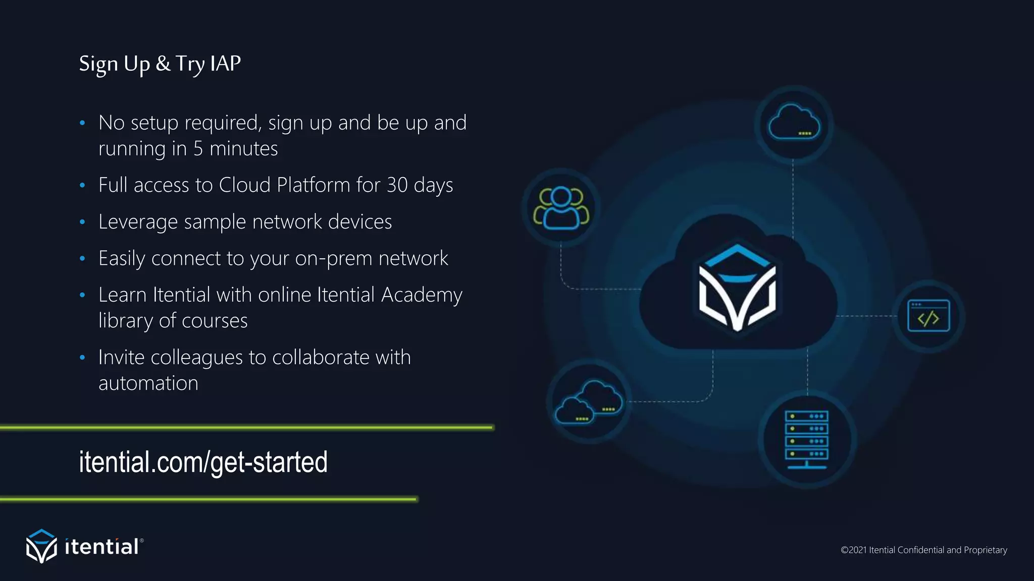 ©2021 Itential Confidential and Proprietary
Sign Up & Try IAP
• No setup required, sign up and be up and
running in 5 minutes
• Full access to Cloud Platform for 30 days
• Leverage sample network devices
• Easily connect to your on-prem network
• Learn Itential with online Itential Academy
library of courses
• Invite colleagues to collaborate with
automation
itential.com/get-started
 