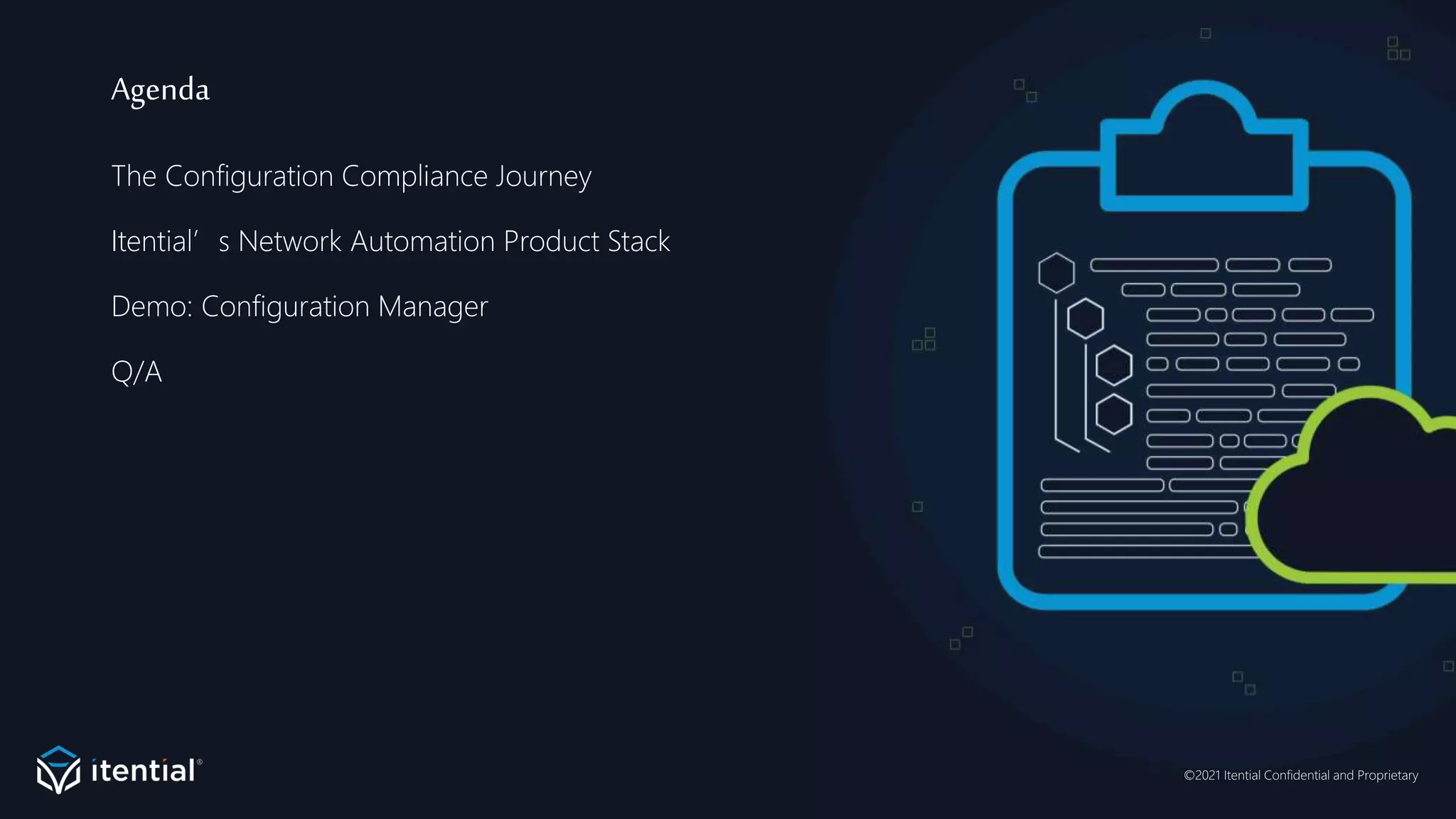 ©2021 Itential Confidential and Proprietary
Agenda
The Configuration Compliance Journey
Itential’s Network Automation Product Stack
Demo: Configuration Manager
Q/A
 