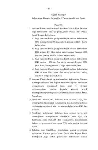 - 16 -
Bagian Keempat
Kebutuhan Khusus Putra/Putri Papua dan Papua Barat
Pasal 16
(1) Instansi Pusat wajib mengalokasikan kebutuhan Jabatan
bagi kebutuhan khusus putra/putri Papua dan Papua
Barat dengan ketentuan:
a. bagi Instansi Pusat yang mendapat alokasi kebutuhan
PNS kurang dari 200 (dua ratus), paling sedikit 1 (satu)
kebutuhan;
b. bagi Instansi Pusat yang mendapat alokasi kebutuhan
PNS antara 201 (dua ratus satu) sampai dengan 1000
(seribu), paling sedikit 2 (dua) kebutuhan;
c. bagi Instansi Pusat yang mendapat alokasi kebutuhan
PNS antara 1001 (seribu satu) sampai dengan 2000
(dua ribu), paling sedikit 3 (tiga) kebutuhan; dan
d. bagi Instansi Pusat yang mendapat alokasi kebutuhan
PNS di atas 2001 (dua ribu satu) kebutuhan, paling
sedikit 4 (empat) kebutuhan.
(2) Instansi Pusat dapat mengalokasikan kebutuhan khusus
putra/putri Papua dan Papua Barat kurang dari ketentuan
sebagaimana dimaksud pada ayat (1) dengan
menyampaikan usulan kepada Menteri untuk
mendapatkan persetujuan dan ditembuskan kepada Ketua
Panselnas.
(3) Pemilihan kebutuhan Jabatan dan satuan kerja/unit
penempatan ditentukan oleh masing-masing Instansi Pusat
berdasarkan daftar rincian penetapan kebutuhan PNS dari
Menteri.
(4) Pemilihan kebutuhan Jabatan dan satuan kerja/unit
penempatan sebagaimana dimaksud pada ayat (3),
dilakukan pada SSCASN dan selanjutnya dicantumkan
dalam pengumuman lowongan PNS pada setiap Instansi
Pusat.
(5) Jabatan dan kualifikasi pendidikan untuk penetapan
kebutuhan khusus putra/putri Papua dan Papua Barat
ditetapkan juga untuk penetapan kebutuhan umum
 
