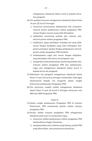 - 21 -
sebagaimana dimaksud dalam huruf g kepada ketua
tim pengarah.
(6) Tim quality assurance sebagaimana dimaksud dalam Pasal
19 ayat (2) huruf f bertugas:
a. menyusun perencanaan pelaksanaan dan menjamin
seluruh proses pelaksanaan seleksi pengadaan PNS
sesuai dengan rencana yang telah ditetapkan;
b. melakukan monitoring melekat dan evaluasi atas
seluruh proses seleksi pengadaan PNS;
c. melakukan upaya perbaikan terhadap hal yang tidak
sesuai dengan kebijakan yang telah ditetapkan dari
proses persiapan sampai dengan pelaksanaan seluruh
proses seleksi pengadaan PNS berakhir;
d. melaksanakan tugas lain sesuai dengan kebijakan
yang ditetapkan oleh ketua tim pengarah; dan
e. melaporkan hasil pelaksanaan monitoring melekat dan
evaluasi seleksi pengadaan PNS dan pelaksanaan
tugas lain sebagaimana dimaksud dalam huruf d
kepada ketua tim pengarah.
(7) Sekretariat tim pengarah sebagaimana dimaksud dalam
Pasal 19 ayat (2) huruf g bertugas memberikan dukungan
administratif kepada tim pengarah dalam rangka
kelancaran pelaksanaan Pengadaan PNS.
(8) Tim penyusun naskah seleksi sebagaimana dimaksud
dalam Pasal 19 ayat (2) huruf h bertugas menyusun soal
SKD dan SKB Pengadaan PNS.
Pasal 21
(1) Dalam rangka pelaksanaan Pengadaan PNS di Instansi
Pemerintah, PPK membentuk panitia seleksi instansi
pengadaan PNS.
(2) Panitia seleksi instansi pengadaan PNS sebagaimana
dimaksud pada ayat (1) mempunyai tugas:
a. menyusun jadwal pelaksanaan seleksi pengadaan PNS
berkoordinasi dengan Panselnas;
b. mengumumkan jenis Jabatan yang lowong, jumlah PNS
yang dibutuhkan, dan persyaratan pelamaran;
 