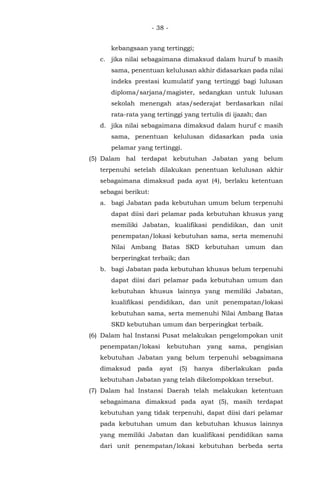 - 38 -
kebangsaan yang tertinggi;
c. jika nilai sebagaimana dimaksud dalam huruf b masih
sama, penentuan kelulusan akhir didasarkan pada nilai
indeks prestasi kumulatif yang tertinggi bagi lulusan
diploma/sarjana/magister, sedangkan untuk lulusan
sekolah menengah atas/sederajat berdasarkan nilai
rata-rata yang tertinggi yang tertulis di ijazah; dan
d. jika nilai sebagaimana dimaksud dalam huruf c masih
sama, penentuan kelulusan didasarkan pada usia
pelamar yang tertinggi.
(5) Dalam hal terdapat kebutuhan Jabatan yang belum
terpenuhi setelah dilakukan penentuan kelulusan akhir
sebagaimana dimaksud pada ayat (4), berlaku ketentuan
sebagai berikut:
a. bagi Jabatan pada kebutuhan umum belum terpenuhi
dapat diisi dari pelamar pada kebutuhan khusus yang
memiliki Jabatan, kualifikasi pendidikan, dan unit
penempatan/lokasi kebutuhan sama, serta memenuhi
Nilai Ambang Batas SKD kebutuhan umum dan
berperingkat terbaik; dan
b. bagi Jabatan pada kebutuhan khusus belum terpenuhi
dapat diisi dari pelamar pada kebutuhan umum dan
kebutuhan khusus lainnya yang memiliki Jabatan,
kualifikasi pendidikan, dan unit penempatan/lokasi
kebutuhan sama, serta memenuhi Nilai Ambang Batas
SKD kebutuhan umum dan berperingkat terbaik.
(6) Dalam hal Instansi Pusat melakukan pengelompokan unit
penempatan/lokasi kebutuhan yang sama, pengisian
kebutuhan Jabatan yang belum terpenuhi sebagaimana
dimaksud pada ayat (5) hanya diberlakukan pada
kebutuhan Jabatan yang telah dikelompokkan tersebut.
(7) Dalam hal Instansi Daerah telah melakukan ketentuan
sebagaimana dimaksud pada ayat (5), masih terdapat
kebutuhan yang tidak terpenuhi, dapat diisi dari pelamar
pada kebutuhan umum dan kebutuhan khusus lainnya
yang memiliki Jabatan dan kualifikasi pendidikan sama
dari unit penempatan/lokasi kebutuhan berbeda serta
 