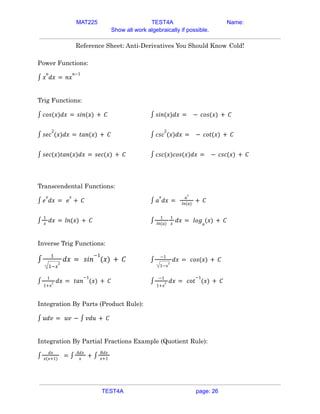 MAT225 TEST4A Name:
Show all work algebraically if possible.
Reference Sheet: Anti-Derivatives You Should Know Cold!
Power Functions:
∫ 𝑥
𝑛
𝑑𝑥 = 𝑛𝑥
𝑛−1
Trig Functions:
∫ 𝑐𝑜𝑠(𝑥)𝑑𝑥 = 𝑠𝑖𝑛(𝑥) + 𝐶 ∫ 𝑠𝑖𝑛(𝑥)𝑑𝑥 = − 𝑐𝑜𝑠(𝑥) + 𝐶
∫ 𝑠𝑒𝑐
2
(𝑥)𝑑𝑥 = 𝑡𝑎𝑛(𝑥) + 𝐶 ∫ 𝑐𝑠𝑐
2
(𝑥)𝑑𝑥 = − 𝑐𝑜𝑡(𝑥) + 𝐶
∫ 𝑠𝑒𝑐(𝑥)𝑡𝑎𝑛(𝑥)𝑑𝑥 = 𝑠𝑒𝑐(𝑥) + 𝐶 ∫ 𝑐𝑠𝑐(𝑥)𝑐𝑜𝑠(𝑥)𝑑𝑥 = − 𝑐𝑠𝑐(𝑥) + 𝐶
Transcendental Functions:
∫ 𝑒
𝑥
𝑑𝑥 = 𝑒
𝑥
+ 𝐶 ∫ 𝑎
𝑥
𝑑𝑥 =
𝑎
𝑥
𝑙𝑛(𝑎)
+ 𝐶
∫
1
𝑥
𝑑𝑥 = 𝑙𝑛(𝑥) + 𝐶 ∫
1
𝑙𝑛(𝑎)
1
𝑥
𝑑𝑥 = 𝑙𝑜𝑔𝑎
(𝑥) + 𝐶
Inverse Trig Functions:
∫
1
1−𝑥
2
𝑑𝑥 = 𝑠𝑖𝑛
−1
(𝑥) + 𝐶 ∫
−1
1−𝑥
2
𝑑𝑥 = 𝑐𝑜𝑠(𝑥) + 𝐶
∫
1
1+𝑥
2 𝑑𝑥 = 𝑡𝑎𝑛
−1
(𝑥) + 𝐶 ∫
−1
1+𝑥
2 𝑑𝑥 = 𝑐𝑜𝑡
−1
(𝑥) + 𝐶
Integration By Parts (Product Rule):
∫ 𝑢𝑑𝑣 = 𝑢𝑣 − ∫ 𝑣𝑑𝑢 + 𝐶
Integration By Partial Fractions Example (Quotient Rule):
∫
𝑑𝑥
𝑥(𝑥+1)
= ∫
𝐴𝑑𝑥
𝑥
+ ∫
𝐵𝑑𝑥
𝑥+1
TEST4A page: 26
 