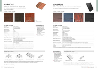 FIND OUT MORE y marley.co.uk 33
32 Concrete interlocking tiles
EDGEMERE HALF SLATE
Available in all colours to match main tiles.
Edgemere should be laid broken bond. The required broken bond pattern is created by
the introduction of half slates, to form verges in alternate courses. Purpose made half
slates are available and can be formed on site by cutting along the scoreline.
420
330
EDGEMERE
A clean and precise slate-like appearance is enhanced by the
thin leading edge and the broken bond laying technique.
COLOUR AVAILABILITY
Smooth Brown (S) Smooth Grey (S)
Old English Dark
Red (S) Anthracite (S)
TECHNICAL DATA
Size of tile 420mm x 330mm
Minimum pitch* 22.5° (75mm headlap)
17.5° (100mm headlap)
Maximum pitch 90°
Minimum headlap 75mm (22.5° and above)
100mm (below 22.5°)
Maximum gauge 345mm
Tile thickness 18mm (nominal)
Cover width 298mm (nominal)
Hanging length 395mm (nominal)
Covering capacity (net) 9.7 tiles/m2 at 75mm headlap
10.5 tiles/m2 at 100mm headlap
Weight of tiling (approx.) 44kg/m2 (0.43 kN/m2) at 75mm headlap
47.5kg/m2 (0.47 kN/m2) at 100mm headlap
Battens required (net) 2.9 lin.m/m2 at 75mm headlap
3.1 lin.m/m2 at 100mm headlap
Batten size recommended 38mm x 25mm for rafters/supports not exceeding 450mm centres (fixed to BS 5534)
50mm x 25mm for rafters/supports not exceeding 600mm centres (fixed to BS 5534)
Fixings 45mm x 3.35mm slate nails
Fixing clips Eaves, verge and slate clips
Authority BS EN 490
* The minimum recommended pitch and lap may be influenced by special circumstances, please contact the Technical Advisory Service.
Key (S) Smooth finish
Note: All measurements in mm.
ASHMORE FITTINGS
Available in all colours to match main tiles.
Ashmore tiles should be laid broken bond. The required broken bond pattern is created by the introduction of three-
quarter width tiles in alternate courses. Tile-and-a-half tiles are available for use at hips and valleys.
ASHMORE
A single lap, interlocking double plain tile, with
the engineered precision and ease of installation
of an interlocking tile.
COLOUR AVAILABILITY
Smooth Brown (S) Smooth Grey (S)
Old English Dark
Red (S)
TECHNICAL DATA
Size of tile 267mm x 333mm
Minimum pitch* 25° (77mm headlap)
22.5° (92mm headlap)
Maximum pitch 90°
Minimum headlap 77mm
Maximum gauge 190mm
Tile thickness 16mm (nominal)
Cover width 302mm (nominal)
Hanging length 235mm (nominal)
Covering capacity (net) 17.5 tiles/m2 at 77mm headlap
19 tiles/m2 at 92mm headlap
Weight of tiling (approx.) 48kg/m2 (0.47 kN/m2) at 77mm headlap
52kg/m2 (0.51 kN/m2) at 92mm headlap
Battens required (net) 5.3 lin.m/m2 at 77mm headlap
5.8 lin.m/m2 at 92mm headlap
Batten size recommended 38mm x 25mm for rafters/supports not exceeding 450mm centres
(fixed to BS 5534)
50mm x 25mm for rafters/supports not exceeding 600mm centres
(fixed to BS 5534)
Fixings 45mm x 3.35mm slate nails
Fixing clips Eaves, verge and tile clips
Authority BS EN 490
* The minimum recommended pitch and lap may be influenced by special circumstances, please contact
the Technical Advisory Service.
SUSTAINABILITY
ü A+ rated in the BRE
Green Guide (based
on generic rating for
UK produced concrete
interlocking tiles
Element Refs:
812410007, 812410018,
812410049)
ü BES 6001 Responsible
Sourcing certified
SUSTAINABILITY
ü A+ rated in the BRE
Green Guide (based
on generic rating for
UK produced concrete
interlocking tiles
Element Refs:
812410007, 812410018,
812410049)
ü BES 6001 Responsible
Sourcing certified
Key
(S) Smooth finish
224 267 260 267
484
267
Ashmore three quarter
tile (LH)
Ashmore tile-and-a-half Ashmore dry verge
Edgemere half slate Edgemere dry verge
Ashmore three quarter
tile (RH)
 