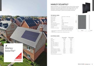 FIND OUT MORE y marley.co.uk 13
y
Marley
SolarTile®
MARLEY SOLARTILE®
Marley SolarTile®
is a roof-integrated solar panel roof tile solution,
enhancing roof system specification with design flexibility, sleek
aesthetics, industry leading wind and fire performance, all
covered by the Marley 15-year full roof system warranty.
TECHNICAL DATA
Size of PV16 panel 992mm wide x 1640mm high
Minimum pitch* 20°
Maximum pitch 60°
Aperture area 1.6m2
Body thickness 69mm
Weight 21kg
Static roof loading 12.9kg/m2
(distributed)
Characteristic wind resistance 5.32kPa
Ultimate design load* 5.32kPa
Fire rating EN 13501-5 BROOF
(T1, T2, T3, T4)
Authority** IEC 61215, 61730, TUV, MCS05, MCS12
Compatible roof coverings All Marley concrete and clay plain, and
interlocking tiles. Also compatible with
tiles and slates of other manufacturers
992mm
1640mm
69mm
MARLEY ROOFING
SYSTEM WARRANTY
15
YEAR
ELECTRICAL DATA
Polycrystalline Monocrystalline
Model PV16-270P PV16-300
Peak power 270Wp 300Wp
Efficiency 17.3% 19.2%
No. of cells 60 60
Max. power voltage (Vmpp
) 30.7V 33.1V
Max. power current (Impp
) 8.8A 9.1A
Open circuit voltage (VOC
) 37.3V 40.1V
Short circuit current 9 (ISC
) 9.3A 9.6A
NOCT* 45°C 45°C
Cell type Poly Mono
Power temperature co-efficient -0.4%/°C -0.45%/°C
Current temperature co-efficient 0.06%/°C 0.06%/°C
Voltage temperature co-efficient -0.30%/°C -0.34%/°C
Max. system voltage 1000 VDC
1000 VDC
Safety classification Class II Class II
* Design resistance to ultimate loads includes a partial material safety
factor of 1.0
** Marley SolarTile®
is Clearline Fusion a Viridian Solar product
12 Marley SolarTile
* Nominal operating cell temperature
 