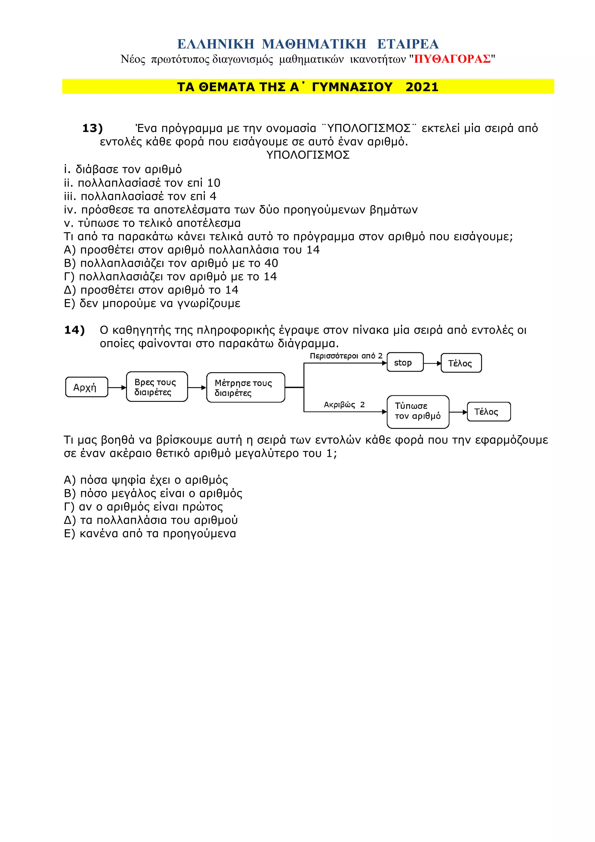 ΕΛΛΗΝΙΚΗ ΜΑΘΗΜΑΤΙΚΗ ΕΤΑΙΡΕΑ
Νέος πρωτότυπος διαγωνισμός μαθηματικών ικανοτήτων "ΠΥΘΑΓΟΡΑΣ"
ΤΑ ΘΕΜΑΤΑ ΤΗΣ Α΄ ΓΥΜΝΑΣΙΟΥ 2021
13) Ένα πρόγραμμα με την ονομασία ¨ΥΠΟΛΟΓΙΣΜΟΣ¨ εκτελεί μία σειρά από
εντολές κάθε φορά που εισάγουμε σε αυτό έναν αριθμό.
ΥΠΟΛΟΓΙΣΜΟΣ
i. διάβασε τον αριθμό
ii. πολλαπλασίασέ τον επί 10
iii. πολλαπλασίασέ τον επί 4
iv. πρόσθεσε τα αποτελέσματα των δύο προηγούμενων βημάτων
v. τύπωσε το τελικό αποτέλεσμα
Τι από τα παρακάτω κάνει τελικά αυτό το πρόγραμμα στον αριθμό που εισάγουμε;
Α) προσθέτει στον αριθμό πολλαπλάσια του 14
Β) πολλαπλασιάζει τον αριθμό με το 40
Γ) πολλαπλασιάζει τον αριθμό με το 14
Δ) προσθέτει στον αριθμό το 14
Ε) δεν μπορούμε να γνωρίζουμε
14) Ο καθηγητής της πληροφορικής έγραψε στον πίνακα μία σειρά από εντολές οι
οποίες φαίνονται στο παρακάτω διάγραμμα.
Τι μας βοηθά να βρίσκουμε αυτή η σειρά των εντολών κάθε φορά που την εφαρμόζουμε
σε έναν ακέραιο θετικό αριθμό μεγαλύτερο του 1;
Α) πόσα ψηφία έχει ο αριθμός
Β) πόσο μεγάλος είναι ο αριθμός
Γ) αν ο αριθμός είναι πρώτος
Δ) τα πολλαπλάσια του αριθμού
Ε) κανένα από τα προηγούμενα
 