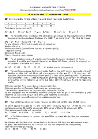 ΕΛΛΗΝΙΚΗ ΜΑΘΗΜΑΤΙΚΗ ΕΤΑΙΡΕΑ
Νέος πρωτότυπος διαγωνισμός μαθηματικών ικανοτήτων "ΠΥΘΑΓΟΡΑΣ"
ΤΑ ΘΕΜΑΤΑ ΤΗΣ Γ΄ ΓΥΜΝΑΣΙΟΥ 2021
20) Στον παρακάτω πίνακα υπάρχουν μερικά ζεύγη τιμών μιας συνάρτησης.
A) y=2x-4 Β) y=x2
-3x+2 Γ) y=x3
+3x2
+2x Δ) y=x2
+4x Ε) y=x2
-4
21) Με τη βοήθεια των 4 πράξεων της αριθμητικής μπορούμε να δημιουργήσουμε και άλλες
πράξεις μεταξύ δύο αριθμών. Ορίζουμε την πράξη * ως εξής α*β=α2
- 4β, τότε θα έχουμε
2*3 = 22
- 4×3 =-8 ενώ 3*2 = 32
- 4×2 =1.
Για την εξίσωση x*0+2*x=0 τι ισχύει από τα παρακάτω;
Α) είναι αδύνατη
Β) είναι ταυτότητα (οποιαδήποτε τιμή του x την επαληθεύει)
Γ) έχει δύο λύσεις
Δ) έχει μία διπλή λύση
Ε) κανένα από τα προηγούμενα
22) Για να αγοράσει κάποιος 5 μπρελόκ και 2 φακούς, θα πρέπει να δώσει 31€. Για να
αγοράσει 2 μπρελόκ και 5 φακούς θα πρέπει να δώσει 39€. Πόσα χρήματα θα χρειαστεί για
να αγοράσει 1 μπρελόκ και 1 φακό;
Α) 10€ Β) 15€ Γ) 17€ Δ) 12€ Ε) κανένα από τα προηγούμενα
23) Τα πρατήρια καυσίμων διαθέτουν 2 ειδών βενζίνη, την απλή και την ενισχυμένη. Η απλή
βενζίνη κοστίζει 1,4€ ανά λίτρο ενώ η ενισχυμένη βενζίνη κοστίζει 1,6€ ανά λίτρο. Μία
ορισμένη μάρκα αυτοκινήτου χρειάζεται (καίει) 1 λίτρο απλής βενζίνης κάθε 15 χιλιόμετρα
ενώ χρειάζεται (καίει) 1 λίτρο ενισχυμένης βενζίνης κάθε 20 χιλιόμετρα. Ο κάτοχος του
αυτοκινήτου αυτού πρόκειται να κάνει ένα ταξίδι 300 χιλιομέτρων. Τι από τα παρακάτω
ισχύει;
Α) θα του κοστίσει λιγότερο αν βάλει ενισχυμένη βενζίνη
Β) θα του κοστίσει το ίδιο όποια βενζίνη και αν χρησιμοποιήσει
Γ) θα κοστίσει περισσότερο αν χρησιμοποιήσει ενισχυμένη βενζίνη
Δ) τον συμφέρει από τη συνολική ποσότητα βενζίνης που θα βάλει στο πρατήριο η μισή
ποσότητα να είναι απλή βενζίνη και η άλλη μισή ποσότητα ενισχυμένη.
Ε) δεν μπορούμε να προσδιορίσουμε τι συμφέρει περισσότερο
24) Ένα κατάστημα αθλητικών ειδών πουλάει και αθλητικά καπέλα προς 17,30€ το ένα.
Το 2020 αρχικά πούλησε τα 16 από αυτά στην κανονική τιμή των 17,30€ το ένα. Στις
εκπτώσεις πούλησε 48 καπέλα με έκπτωση 25% και τα υπόλοιπα 96 με έκπτωση 50%.
Πόσα χρήματα εισέπραξε από τα καπέλα;
Α) 1.324,60€ Β) 1.730€ Γ) 1.603€ Δ) 1.135,30€ Ε) 5.000€
25) Η Σαμάνθα αγόρασε για το πάρτι των γενεθλίων της μικρά κέικ βανίλιας και μικρά κέικ
σοκολάτας.
Αν φάει ένα κέικ βανίλιας τότε τα κέικ βανίλιας θα είναι το 1/7 όλων των κέικ που απέμειναν.
Αν φάει 2 κέικ σοκολάτα τότε το 1/5 όλων των κέικ που απέμειναν θα είναι βανίλιας.
Πόσα κέικ αγόρασε η Σαμάνθα;
Α) 12 Β) 22 Γ) 35 Δ) 70 Ε) 102
 