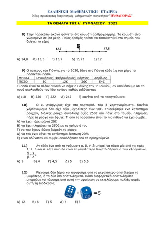 ΕΛΛΗΝΙΚΗ ΜΑΘΗΜΑΤΙΚΗ ΕΤΑΙΡΕΑ
Νέος πρωτότυπος διαγωνισμός μαθηματικών ικανοτήτων "ΠΥΘΑΓΟΡΑΣ"
ΤΑ ΘΕΜΑΤΑ ΤΗΣ Α΄ ΓΥΜΝΑΣΙΟΥ 2021
8) Στην παρακάτω εικόνα φαίνεται ένα κομμάτι αριθμογραμμής. Το κομμάτι είναι
χωρισμένο σε ίσα μέρη. Ποιος αριθμός πρέπει να τοποθετηθεί στο σημείο που
δείχνει το χέρι;
Α) 14,8 Β) 13,5 Γ) 15,2 Δ) 15,23 Ε) 17
9) Ο πατέρας του Γιάννη, για το 2020, έδινε στο Γιάννη κάθε 1η του μήνα τα
παρακάτω ποσά.
Τι ποσό είναι το πλέον πιθανό να πήρε ο Γιάννης την 1η
Ιουνίου, αν υποθέσουμε ότι τα
ποσά ακολουθούν τον ίδιο κανόνα καθώς αυξάνονται;
Α)110 Β) 220 Γ) 222 Δ) 242 Ε) κανένα από τα προηγούμενα
10) Ο κ. Ανάργυρος είχε στο πορτοφόλι του 4 χαρτονομίσματα. Κανένα
χαρτονόμισμα δεν είχε αξία μεγαλύτερη των 50€. Επισκέφτηκε ένα κατάστημα
ρούχων, διάλεξε ρούχα συνολικής αξίας 250€ και πήγε στο ταμείο, πλήρωσε,
πήρε τα ρούχα και έφυγε. Τι από τα παρακάτω είναι το πιο πιθανό να έχει συμβεί;
Α) να έχει πάρει ρέστα 20€
Β) να έχει πληρώσει τα 250€ με τα χρήματά του
Γ) να του έχουν δώσει δωρεάν τα ρούχα
Δ) να του έχει κάνει το κατάστημα έκπτωση 20%
Ε) είναι αδύνατον να συμβεί οποιοδήποτε από τα προηγούμενα
11) Αν κάθε ένα από τα γράμματα α, β, γ ,δ μπορεί να πάρει μία από τις τιμές
1, 2, 3 και 4, τότε ποιο θα είναι το μεγαλύτερο δυνατό άθροισμα των κλασμάτων
α γ
β δ
+ ;
Α) 1 Β) 4 Γ) 4,5 Δ) 5 Ε) 5,5
12) Ρίχνουμε δύο ζάρια και αφαιρούμε από το μεγαλύτερο αποτέλεσμα το
μικρότερο, ή τα δύο ίσα αποτελέσματα. Πόσα διαφορετικά αποτελέσματα
μπορούμε να πάρουμε από αυτή την αφαίρεση αν εκτελέσουμε πολλές φορές
αυτή τη διαδικασία;
Α) 12 Β) 6 Γ) 5 Δ) 4 Ε) 3
 