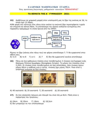 ΕΛΛΗΝΙΚΗ ΜΑΘΗΜΑΤΙΚΗ ΕΤΑΙΡΕΑ
Νέος πρωτότυπος διαγωνισμός μαθηματικών ικανοτήτων "ΠΥΘΑΓΟΡΑΣ"
ΤΑ ΘΕΜΑΤΑ ΤΗΣ Α΄ ΓΥΜΝΑΣΙΟΥ 2021
15) Διαθέτουμε σε ψηφιακή μορφή στον υπολογιστή μας το ζάρι της εικόνας σε 3d, το
οποίο έχει 12 έδρες.
Κάθε φορά που κάνουμε κλικ πάνω στην εικόνα το εικονικό ζάρι περιστρέφεται τυχαία
και σταματά σε κάποια θέση. Το αποτέλεσμα του ζαριού εισάγεται αυτομάτως στο
παρακάτω πρόγραμμα το οποίο ξεκινά από την ΑΡΧΗ:
Ρίχνεις το ζάρι (κάνεις κλικ πάνω του) και φέρνει αποτέλεσμα 7. Τι θα εμφανιστεί στην
οθόνη σου;
Α) το 0 Β) το 8 Γ) α+1 Δ) 7 Ε) δεν θα εμφανιστεί κανένα αποτέλεσμα
16) Πάνω σε ένα ορθογώνιο πλαίσιο είναι τοποθετημένοι 3 πίνακες (αντίγραφα) ενός
διάσημου Έλληνα ζωγράφου (Νικηφόρος Λύτρας). Το μήκος του πλαισίου είναι
2,20m. Οι πίνακες είναι τοποθετημένοι σε ίσες αποστάσεις. Δύο πίνακες έχουν
μήκος 40cm ο καθένας ενώ ο τρίτος πίνακας έχει μήκος 70cm. Ποια είναι η
απόσταση ανάμεσα σε δύο πίνακες;
Α) 40 εκατοστά Β) 35 εκατοστά Γ) 30 εκατοστά Δ) 20 εκατοστά
17) Σε ένα ισοσκελές τρίγωνο μία πλευρά του είναι ίση με 8cm. Πόση είναι η
περίμετρος του τριγώνου;
Α) 24cm Β) 20cm Γ) 18cm Δ) 18,5cm
Ε) δεν μπορούμε να την υπολογίσουμε
 