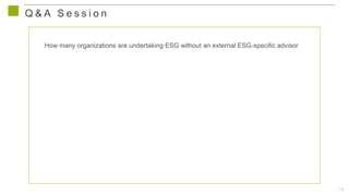 18
Q & A S e s s i o n
How many organizations are undertaking ESG without an external ESG-specific advisor
 