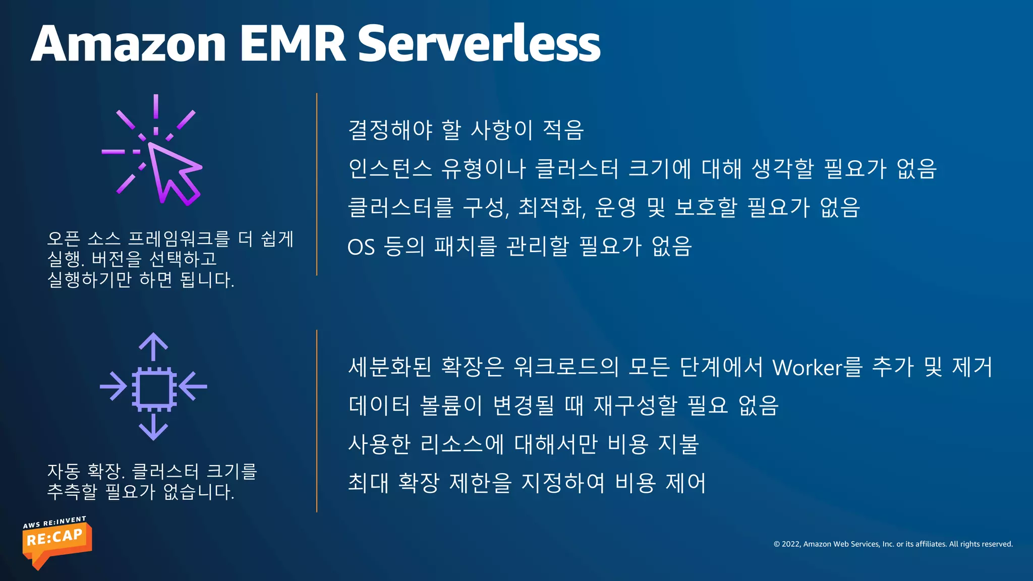 © 2022, Amazon Web Services, Inc. or its affiliates. All rights reserved.
Amazon EMR Serverless
결정해야 할 사항이 적음
인스턴스 유형이나 클러스터 크기에 대해 생각할 필요가 없음
클러스터를 구성, 최적화, 운영 및 보호할 필요가 없음
OS 등의 패치를 관리할 필요가 없음
세분화된 확장은 워크로드의 모든 단계에서 Worker를 추가 및 제거
데이터 볼륨이 변경될 때 재구성할 필요 없음
사용한 리소스에 대해서만 비용 지불
최대 확장 제한을 지정하여 비용 제어
자동 확장. 클러스터 크기를
추측할 필요가 없습니다.
오픈 소스 프레임워크를 더 쉽게
실행. 버전을 선택하고
실행하기만 하면 됩니다.
 
