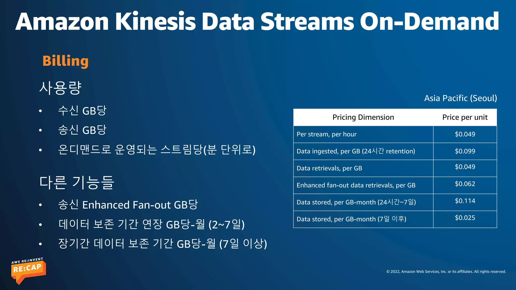 © 2022, Amazon Web Services, Inc. or its affiliates. All rights reserved.
Amazon Kinesis Data Streams On-Demand
사용량
• 수신 GB당
• 송신 GB당
• 온디맨드로 운영되는 스트림당(분 단위로)
다른 기능들
• 송신 Enhanced Fan-out GB당
• 데이터 보존 기간 연장 GB당-월 (2~7일)
• 장기간 데이터 보존 기간 GB당-월 (7일 이상)
Billing
Asia Pacific (Seoul)
Pricing Dimension Price per unit
Per stream, per hour $0.049
Data ingested, per GB (24시간 retention) $0.099
Data retrievals, per GB $0.049
Enhanced fan-out data retrievals, per GB $0.062
Data stored, per GB-month (24시간~7일) $0.114
Data stored, per GB-month (7일 이후) $0.025
 