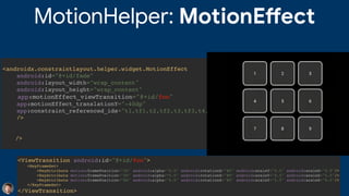 <androidx.constraintlayout.helper.widget.MotionEffec
t

android:id="@+id/fade
"

app:motionEffect_start="40
"

app:motionEffect_alpha="0
"

app:motionEffect_end="60
"

app:motionEffect_move="west
"

app:motionEffect_strict="false
"

android:layout_width="wrap_content
"

android:layout_height="wrap_content
"

app:constraint_referenced_ids="t1,t2,t3,t4,t5,t6,t7,t8,t9
"

/
>

<androidx.constraintlayout.helper.widget.MotionEffec
t

android:id="@+id/fade
"

android:layout_width="wrap_content
"

android:layout_height="wrap_content
"

app:motionEffect_viewTransition="@+id/foo
"

app:motionEffect_translationY="-40dp
"

app:constraint_referenced_ids="t1,tf1,t2,tf2,t3,tf3,t4,tf4,t5,tf5
"

/
>

MotionHelper: MotionE
ff
ect
<ViewTransition android:id="@+id/foo"
>

<KeyFrameSet
>

<KeyAttribute motion:framePosition="20" android:alpha="0.5" android:rotationX="80" android:scaleY="0.5" android:scaleX="0.5"/
>

<KeyAttribute motion:framePosition="50" android:alpha=“0.0" android:rotationX="80" android:scaleY="0.5" android:scaleX="0.5"/
>

<KeyAttribute motion:framePosition="80" android:alpha="0.5" android:rotationX="80" android:scaleY="0.5" android:scaleX="0.5"/
>

</KeyFrameSet
>

</ViewTransition
>

 