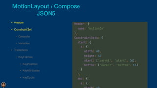 • Header

• ConstraintSet

• Generate

• Variables

• Transitions

• KeyFrames

• KeyPosition

• KeyAttributes

• KeyCycle
MotionLayout / Compose


JSON5
 