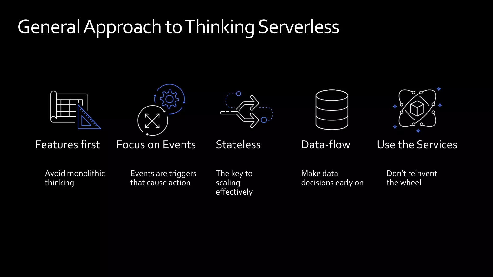 Features first Focus on Events Stateless Data-flow Use the Services
Avoid monolithic
thinking
Events are triggers
that cause action
The key to
scaling
effectively
Make data
decisions early on
Don’t reinvent
the wheel
GeneralApproach toThinkingServerless
 
