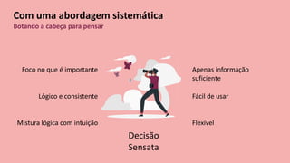 Com uma abordagem sistemática
Botando a cabeça para pensar
Foco no que é importante
Lógico e consistente
Mistura lógica com intuição
Apenas informação
suficiente
Fácil de usar
Flexível
Decisão
Sensata
 