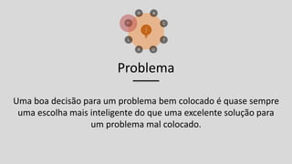 Problema
Uma boa decisão para um problema bem colocado é quase sempre
uma escolha mais inteligente do que uma excelente solução para
um problema mal colocado.
 
