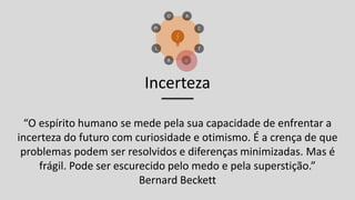 Incerteza
“O espírito humano se mede pela sua capacidade de enfrentar a
incerteza do futuro com curiosidade e otimismo. É a crença de que
problemas podem ser resolvidos e diferenças minimizadas. Mas é
frágil. Pode ser escurecido pelo medo e pela superstição.”
Bernard Beckett
 