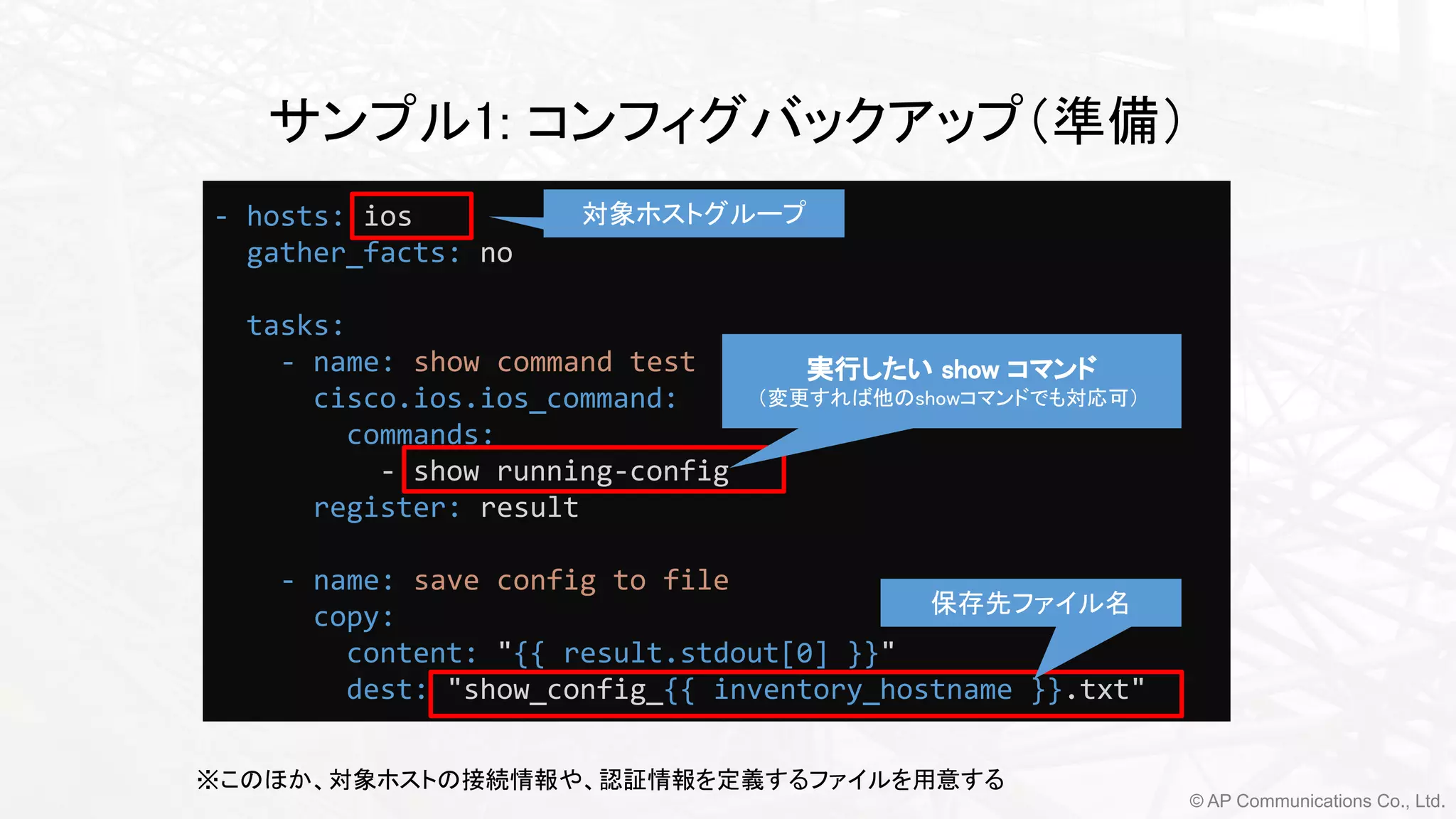 © AP Communications Co., Ltd.
サンプル1: コンフィグバックアップ（準備） 
- hosts: ios
gather_facts: no
tasks:
- name: show command test
cisco.ios.ios_command:
commands:
- show running-config
register: result
- name: save config to file
copy:
content: "{{ result.stdout[0] }}"
dest: "show_config_{{ inventory_hostname }}.txt"
実行したい show コマンド 
（変更すれば他のshowコマンドでも対応可）
保存先ファイル名
※このほか、対象ホストの接続情報や、認証情報を定義するファイルを用意する
対象ホストグループ
 