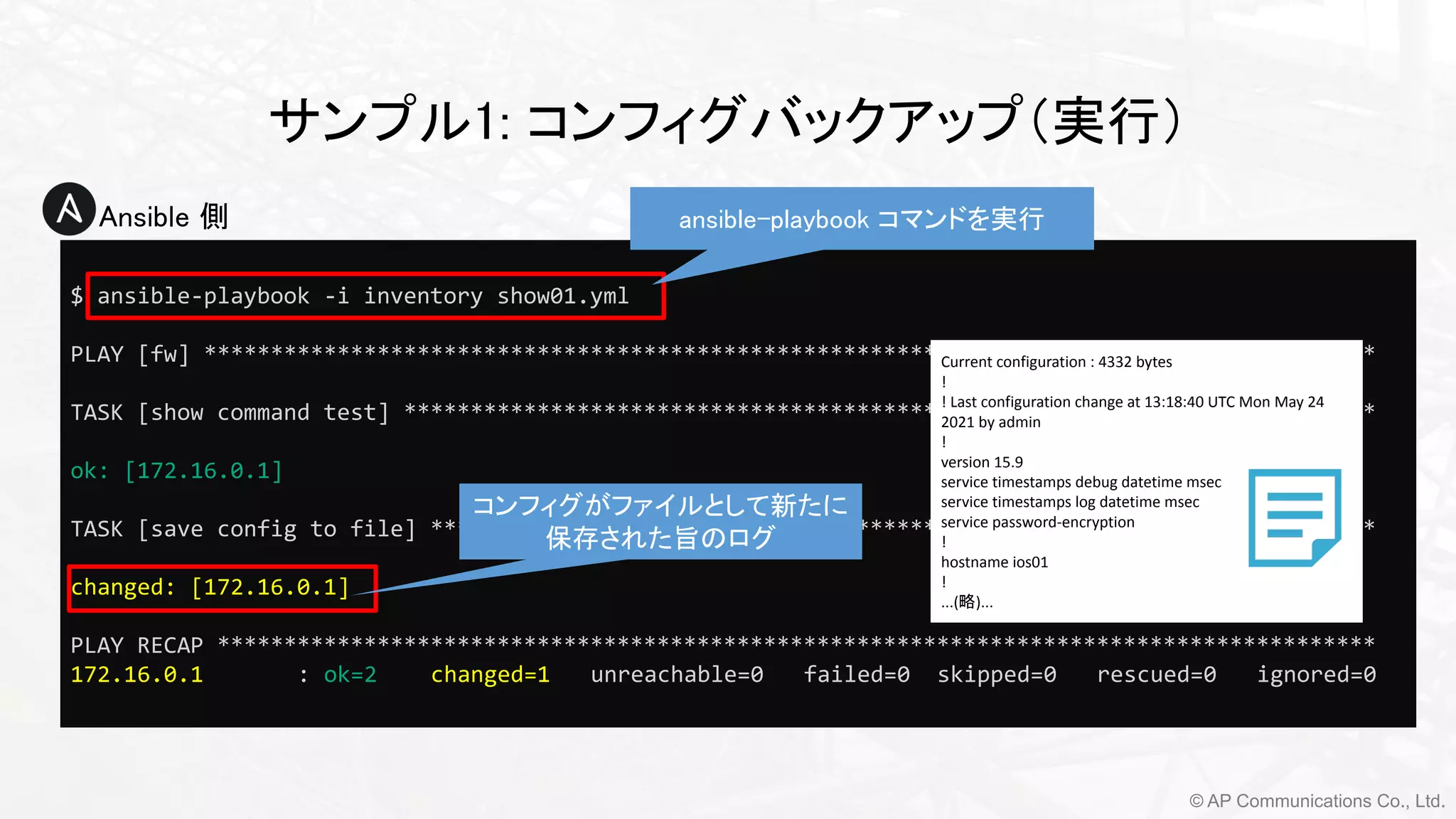 © AP Communications Co., Ltd.
$ ansible-playbook -i inventory show01.yml
PLAY [fw] ****************************************************************************************
TASK [show command test] *************************************************************************
ok: [172.16.0.1]
TASK [save config to file] ***********************************************************************
changed: [172.16.0.1]
PLAY RECAP ***************************************************************************************
172.16.0.1 : ok=2 changed=1 unreachable=0 failed=0 skipped=0 rescued=0 ignored=0
サンプル1: コンフィグバックアップ（実行） 
ansible-playbook コマンドを実行
コンフィグがファイルとして新たに
保存された旨のログ
● Ansible 側
Current configuration : 4332 bytes
!
! Last configuration change at 13:18:40 UTC Mon May 24
2021 by admin
!
version 15.9
service timestamps debug datetime msec
service timestamps log datetime msec
service password-encryption
!
hostname ios01
!
...(略)...
 