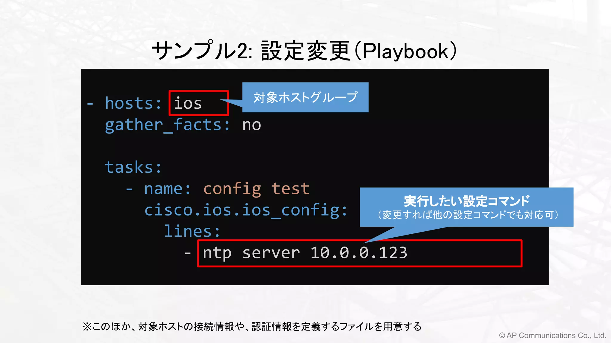 © AP Communications Co., Ltd.
サンプル2: 設定変更（Playbook） 
- hosts: ios
gather_facts: no
tasks:
- name: config test
cisco.ios.ios_config:
lines:
- ntp server 10.0.0.123
実行したい設定コマンド 
（変更すれば他の設定コマンドでも対応可）
※このほか、対象ホストの接続情報や、認証情報を定義するファイルを用意する
対象ホストグループ
 