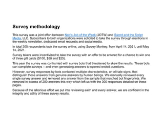 Survey methodology
This survey was a joint effort between Ned’s Job of the Week (JOTW) and Sword and the Script
Media, LLC. Subscribers to both organizations were solicited to take the survey through mentions in
the weekly newsletter, dedicated email requests and social media.
In total 305 respondents took the survey online, using Survey Monkey, from April 14, 2021, until May
14, 2021.
Survey takers were incentivized to take the survey with an offer to be entered for a chance to win one
of three gift cards ($100, $50 and $25).
This year the survey was confronted with survey bots that threatened to skew the results. These bots
can complete surveys – and even generating answers to opened ended questions.
However, survey responses by bots contained multiple characteristics, or tell-tale signs, that
distinguish those answers from genuine answers by human beings. We manually reviewed every
single survey answer and removed any answer from the sample that matched bot fingerprints. We
removed in excess of 200 answers this way which left us with the 300 responses detailed on these
pages.
Because of the laborious effort we put into reviewing each and every answer, we are confident in the
integrity and utility of these survey results.
 