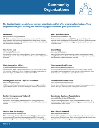 PAGE 2
PAGE 2
AtTheTable
www.medium.com/atthetable
AtTheTable was built to unite female founders across industries to create a
sense of support and community. Gathering around dinner tables, members
build authentic relationships with each other and share their unique skill sets
with other women entrepreneurs.
She+ Geeks Out
www.shegeeksout.com
She Geeks Out provides tech and tech-adjacent women+ and their allies an
opportunity to network and connect with each other, as well as with potential
employers.
Mass Innovation Nights
https://mass.innovationnights.com
Mass Innovation Nights helps local entrepreneurs get more visibility for their
new products. Every month, 10 new companies showcase their products to
the community to spread the word and get useful feedback.
New England Venture Capital Association
www.newenglandvc.org
NEVCA is a network, catalyst, advocate, and resource working to make New
England the best place in the world to start, grow, and invest in companies.
Boston Entrepreneurs’ Network
www.boston-enet.org
Boston ENET connects early-stage entrepreneurs with information and
resources necessary to transform an idea into a successful product or service
business.
Boston New Technology
www.bostonnewtechnology.com
BNT is a technology, startup, and business networking group that supports
local innovation and businesses by bringing entrepreneurs and business
professionals together at live events, marketing channels, and partner groups.
Community
Organizations
The Capital Network
www.thecapitalnetwork.org
The Capital Network is a non-profit (501c3) organization that provides
practical, hands-on education and personalized mentoring to help early-stage
entrepreneurs master the entire funding process, successfully raise seed
capita, and more.
Branchfood
www.branchfood.com
Branchfood promotes food entrepreneurship and founders launching and
scaling food businesses. It strives to cultivate community, inspire innovation,
and elevate New England as a leading food hub.
Commonwealth Kitchen
www.commonwealthkitchen.org
Commonwealth Kitchen is a collaborative community providing shared
kitchens and business assistance to help aspiring entrepreneurs built great
food companies & strengthen our regional food economy.
Wonder Women of Boston
www.wonderwomenboston.com
Wonder Women of Boston is an open community of ambitious, accomplished
women of all ages and backgrounds in the greater Boston area.
Cambridge Business Associations
www.bit.ly/CambridgeMABusAssoc
The many business associations within Cambridge are a key resource for
local businesses. They host events, hold meetings, and provide networking
opportunities and added support.
The Ellevate Network
www.ellevatenetwork.com
Ellevate offers a global community of smart women with an eye for success.
When you join, you become part of this vibrant network and can connect with,
learn from, and invest in amazing women worldwide.
The Greater Boston area is home to many organizations that offer programs for startups.Their
programs offer great learning and networking opportunities to grow your business.
 