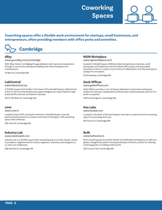 PAGE 6
PAGE 6
Coworking spaces offer a flexible work environment for startups, small businesses, and
entrepreneurs, often providing members with office perks and amenities.
Alley
www.youralley.com/cambridge
With Alley, Verizon is bridging the gap between start-ups and corporations
through a community workspace building next-level ecosystems for
entrepreneurs.
10 Ware St, Cambridge MA
LabCentral
www.labcentral.org
A 70,000-square-foot facility in the heart of the Kendall Square, LabCentral is
a first-of-its-kind shared laboratory space designed as a launchpad for high-
potential life sciences and biotech startups.
610 & 700 Main St, Cambridge MA
cove
www.cove.is
Located close to MIT, among the startups in Kendall Square, cove has
partnered with barismo to create a new kind of workspace: half coworking
space, half coffee bar.
295 Third St, Cambridge MA
Industry Lab
www.industrylab.com
Industry Lab is a 20,000 square foot coworking space in Inman Square, where
it provides a neighborhood for artists, engineers, scientists, and designers to
co-exist and collaborate.
288 Norfolk St, Cambridge MA
NGIN Workplace
www.nginworkplace.com
Located in Kendall Square, NGIN provides entrepreneurs, startups, small
businesses, and freelancers with furnished office space and associated
amenities. It aims to create a community of collaboration and idea sharing as a
catalyst for innovation.
210 Broadway, Cambridge MA
Geek Offices
www.geekoffices.com
Geek Offices provides a mix of shared, dedicated, and private workspaces
perfect for startups, independent professionals, small businesses, and not-for-
profit companies.
1035 Cambridge St, Cambridge MA
Koa Labs
www.koalab.com
Located in the heart of Harvard Square, Koa Labs is a seed fund and coworking
space for promising start-ups.
66 Church St, Cambridge MA
Built
www.builtworks.io
Built coworking space provides shared and dedicated workspaces, as well as a
garden, designed by award-winning landscape architects, perfect for relaxing,
receiving guests, or holding small events.
281 Concord Ave, Cambridge MA
Coworking
Spaces
Cambridge
 