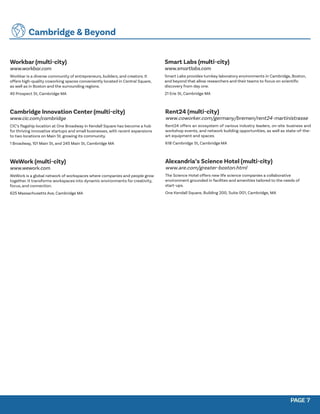 PAGE 7
PAGE 7
Workbar (multi-city)
www.workbar.com
Workbar is a diverse community of entrepreneurs, builders, and creators. It
offers high-quality coworking spaces conveniently located in Central Square,
as well as in Boston and the surrounding regions.
45 Prospect St, Cambridge MA
Cambridge Innovation Center (multi-city)
www.cic.com/cambridge
CIC’s flagship location at One Broadway in Kendall Square has become a hub
for thriving innovative startups and small businesses, with recent expansions
to two locations on Main St. growing its community.
1 Broadway, 101 Main St, and 245 Main St, Cambridge MA
WeWork (multi-city)
www.wework.com
WeWork is a global network of workspaces where companies and people grow
together. It transforms workspaces into dynamic environments for creativity,
focus, and connection.
625 Massachusetts Ave, Cambridge MA
Smart Labs (multi-city)
www.smartlabs.com
Smart Labs provides turnkey laboratory environments in Cambridge, Boston,
and beyond that allow researchers and their teams to focus on scientific
discovery from day one.
21 Erie St, Cambridge MA
Rent24 (multi-city)
www.coworker.com/germany/bremen/rent24-martinistrasse
Rent24 offers an ecosystem of various industry leaders, on-site business and
workshop events, and network building opportunities, as well as state-of-the-
art equipment and spaces.
618 Cambridge St, Cambridge MA
Alexandria’s Science Hotel (multi-city)
www.are.com/greater-boston.html
The Science Hotel offers new life science companies a collaborative
environment grounded in facilites and amenities tailored to the needs of
start-ups.
One Kendall Square, Building 200, Suite 001, Cambridge, MA
Cambridge & Beyond
 