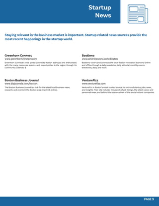 PAGE 9
PAGE 9
Greenhorn Connect
www.greenhornconnect.com
Greenhorn Connect’s web portal connects Boston startups and enthusiasts
with the many resources, events, and opportunities in the region through its
Community Calendar &
Boston Business Journal
www.bizjournals.com/boston
The Boston Business Journal is a hub for the latest local business news,
research, and events in the Boston area (in print & online).
BostInno
www.americaninno.com/boston
BostInno covers and connects the local Boston innovation economy online
and offline through a daily newsletter, daily editorial, monthly events,
directories, data, and more.
VentureFizz
www.venturefizz.com
VentureFizz is Boston’s most trusted source for tech and startup jobs, news,
and insights.Their site includes thousands of job listings, the latest career and
personnel news, and behind-the-scenes views of the area’s hottest companies.
Startup
News
Staying relevant in the business market is important. Startup related news sources provide the
most recent happenings in the startup world.
 